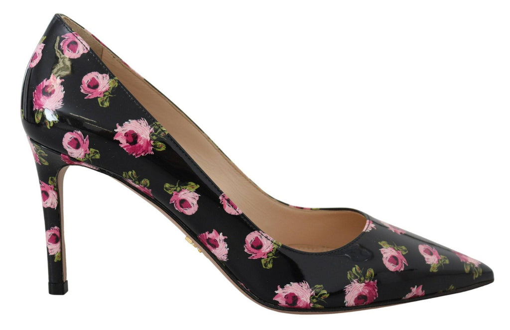 Escarpins noirs en cuir avec motifs floraux Prada, talons aiguilles élégants pour femmes.