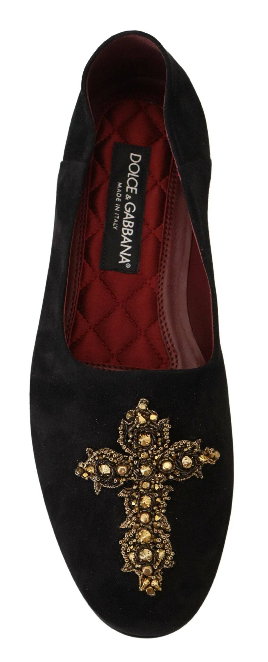 Chaussures mocassins Dolce & Gabbana en daim noir avec croix dorée, slip-on élégants pour homme.