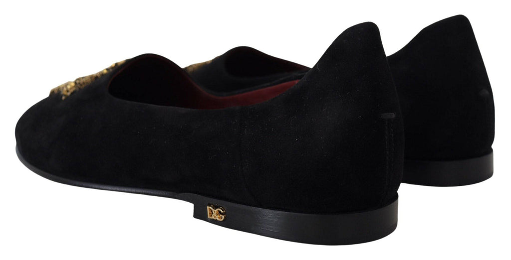 Chaussures mocassins Dolce & Gabbana en daim noir avec détails dorés et motif croix, slip-on élégants pour homme