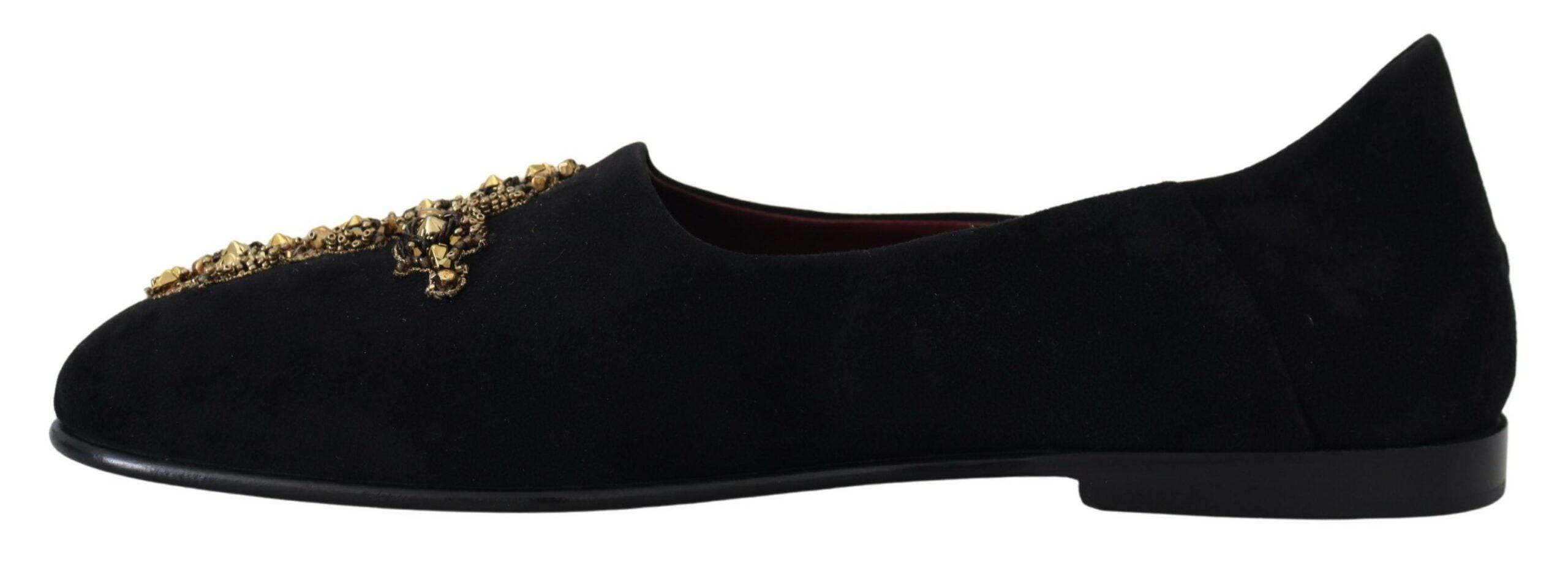 Chaussures mocassins Dolce & Gabbana en daim noir avec détails dorés et croix, slip-on élégants pour homme.