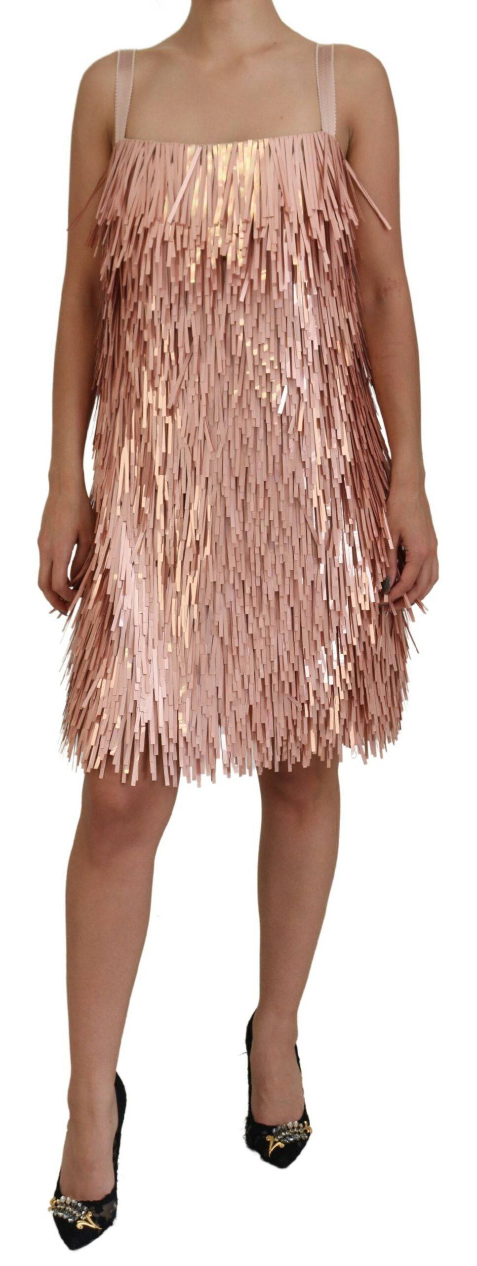 Robe sans manches rose avec tinsel, coupe trapèze de Dolce & Gabbana, en tissu léger et élégant.