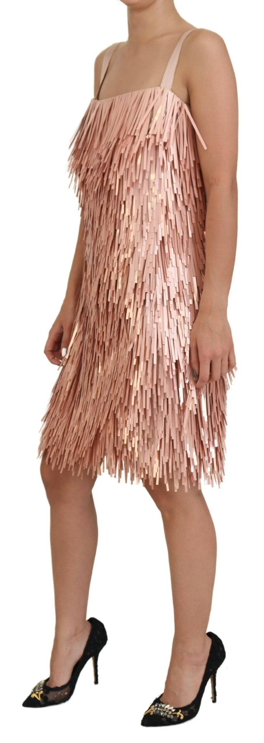 Robe sans manches en tinsel rose Dolce & Gabbana, coupe shift et style A-line, élégante et festive.