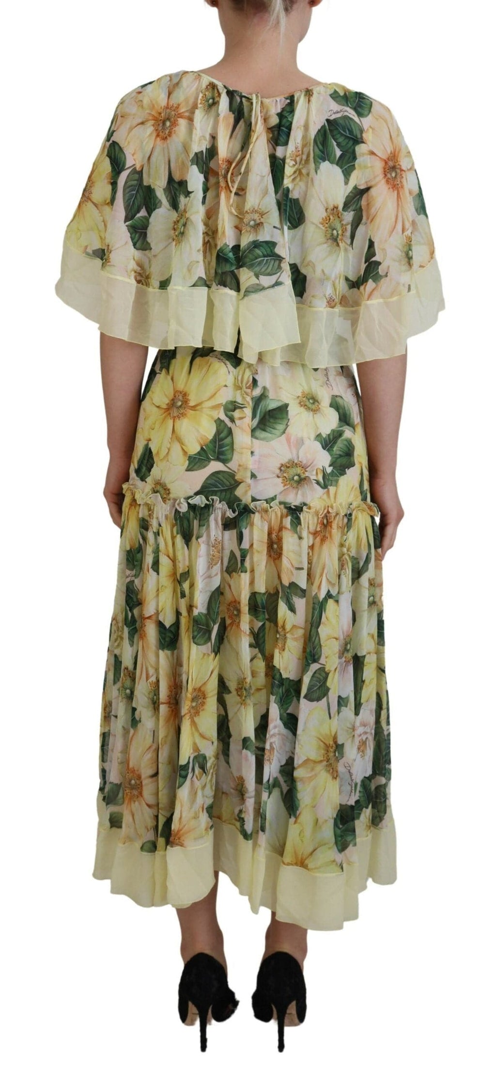 Robe longue en soie à imprimé floral multicolore de Dolce & Gabbana, style maxi avec détails élégants.