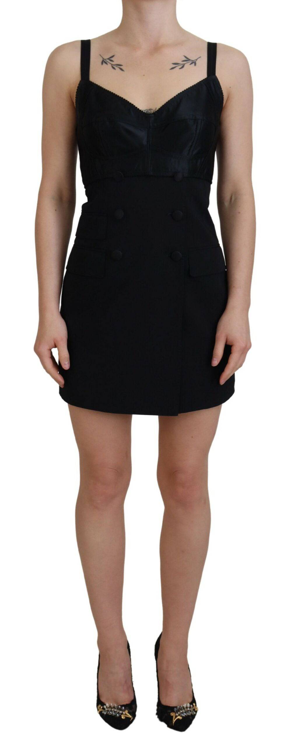Robe courte en laine noire Dolce & Gabbana, coupe ajustée, matière stretch, pour une silhouette élégante et moderne.