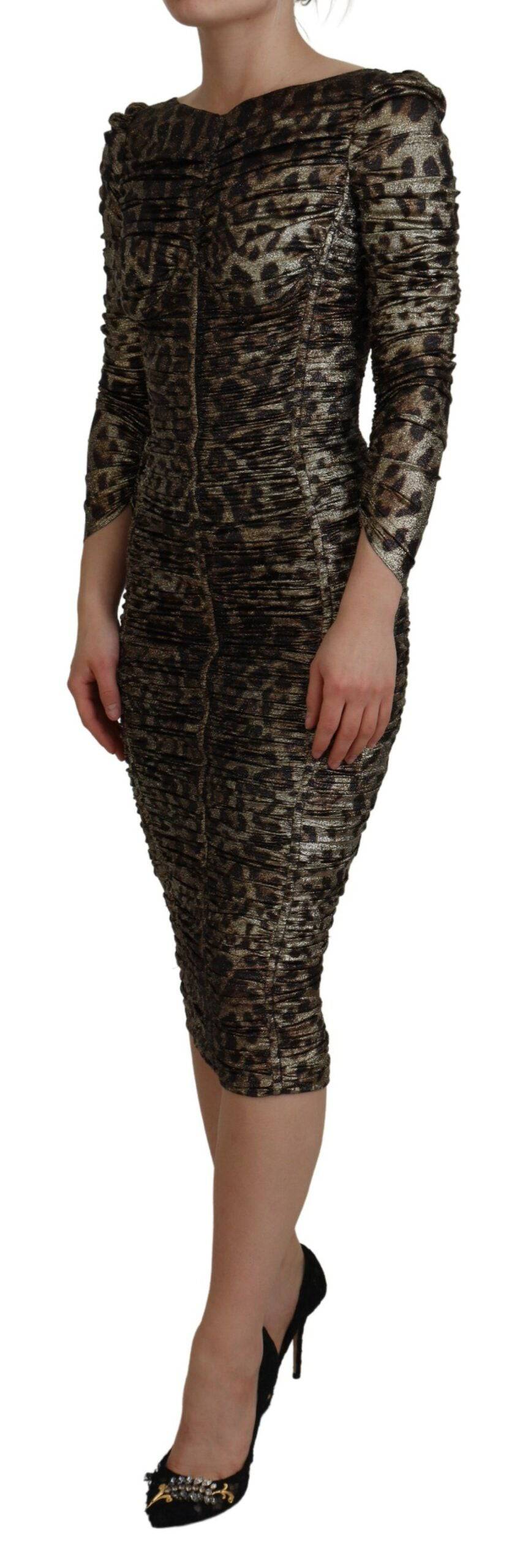 Robe moulante midi Dolce & Gabbana à motif léopard multicolore, style bodycon, en tissu ajusté et élégant.