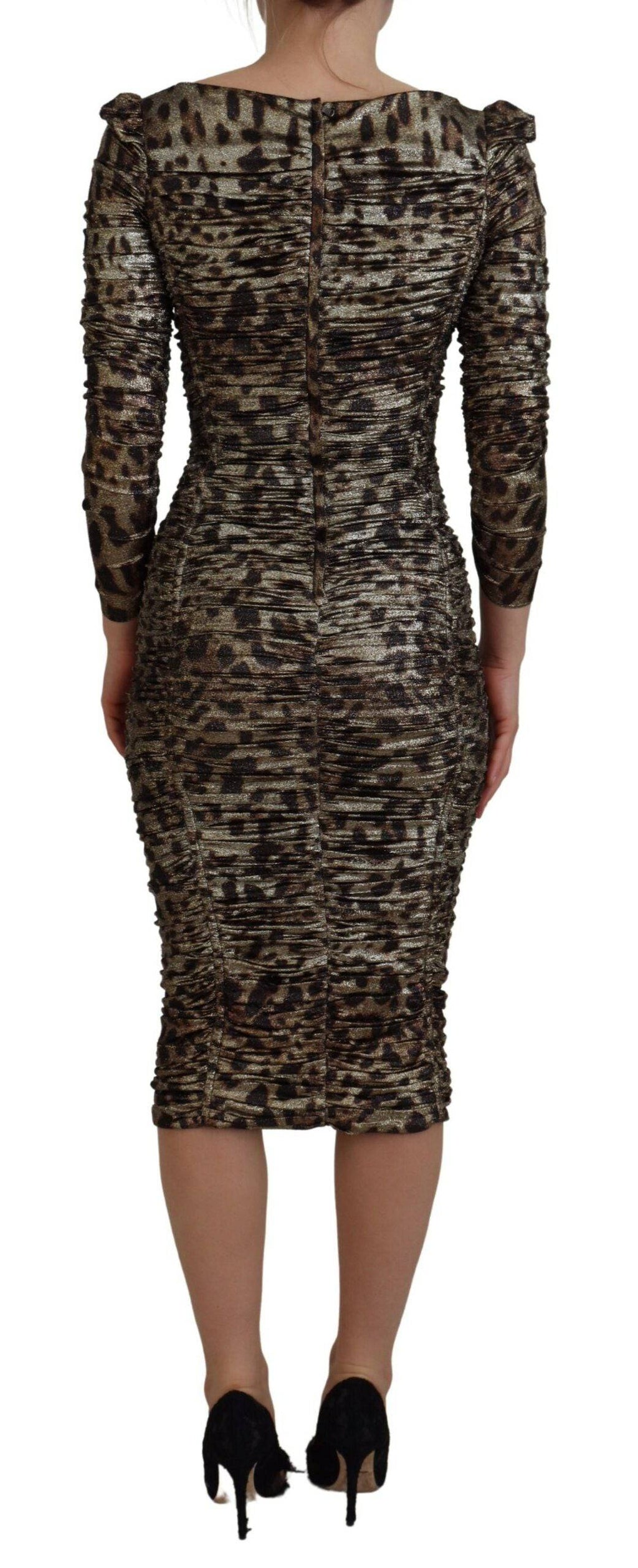 Robe midi Dolce & Gabbana à manches longues, coupe ajustée, motif léopard multicolore, design élégant et tendance.