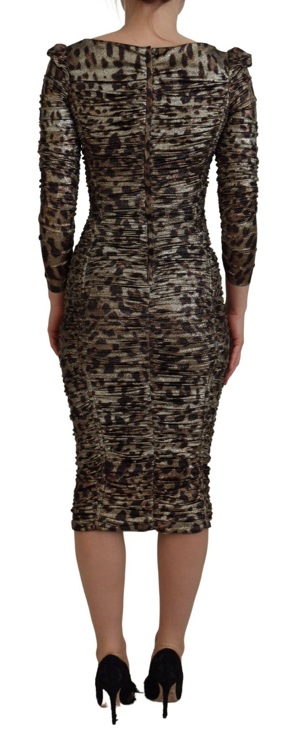 Robe midi Dolce & Gabbana à manches longues, coupe ajustée, motif léopard multicolore, design élégant et tendance.