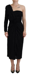 Robe noire Dolce & Gabbana en laine, ajustée, avec un seul épaule, style enveloppant et élégant pour femme.
