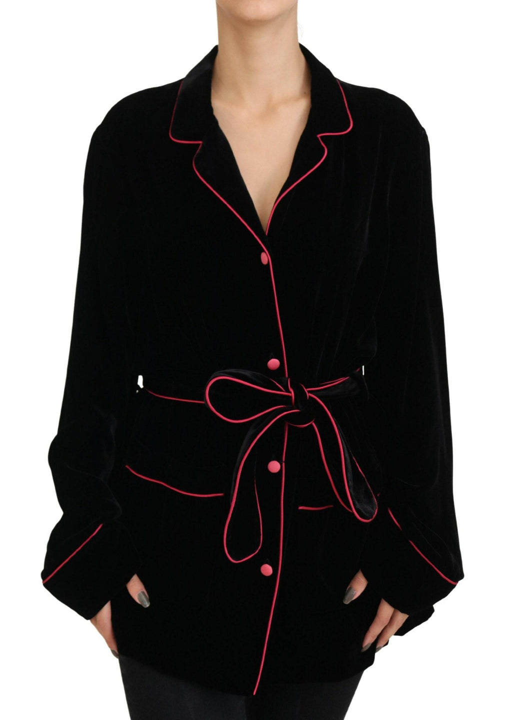 Veste blazer noire en viscose de Dolce & Gabbana avec boutons et ceinture, élégante et structurée.