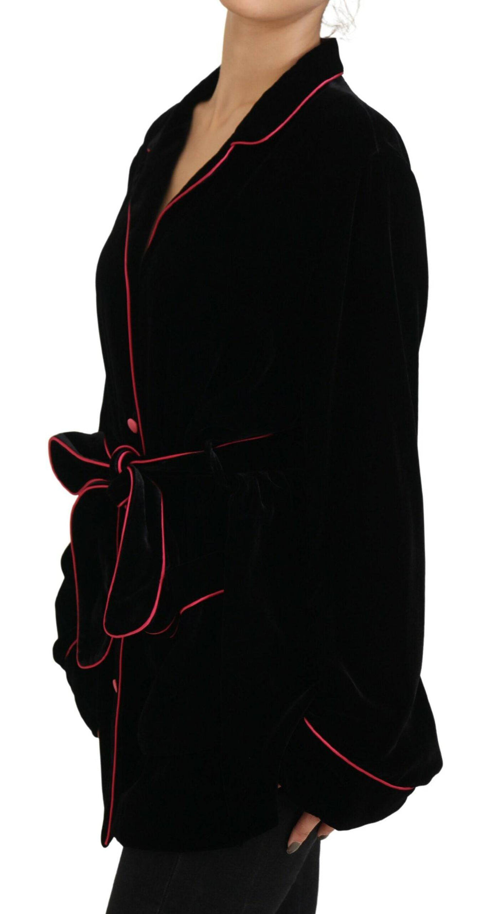 Veste blazer noire à boutons avec ceinture en viscose de Dolce & Gabbana, élégante et sophistiquée.