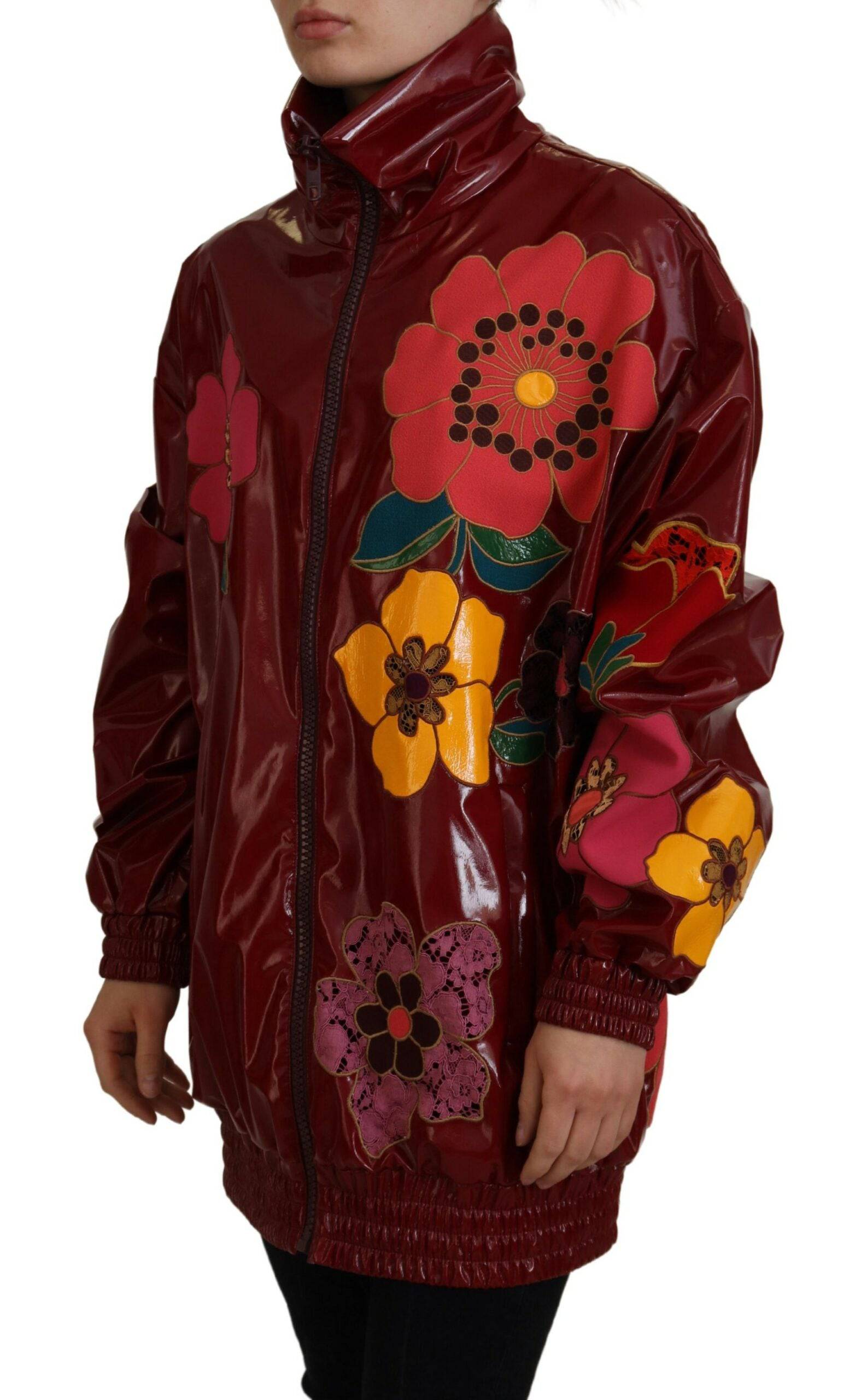 Veste femme Dolce & Gabbana en polyester bordeaux avec motifs floraux, zip complet, style décontracté et élégant.