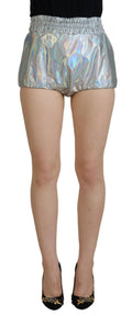 Shorts en métal holographique argenté Dolce & Gabbana, taille haute, style tendance et moderne, visibles en image.