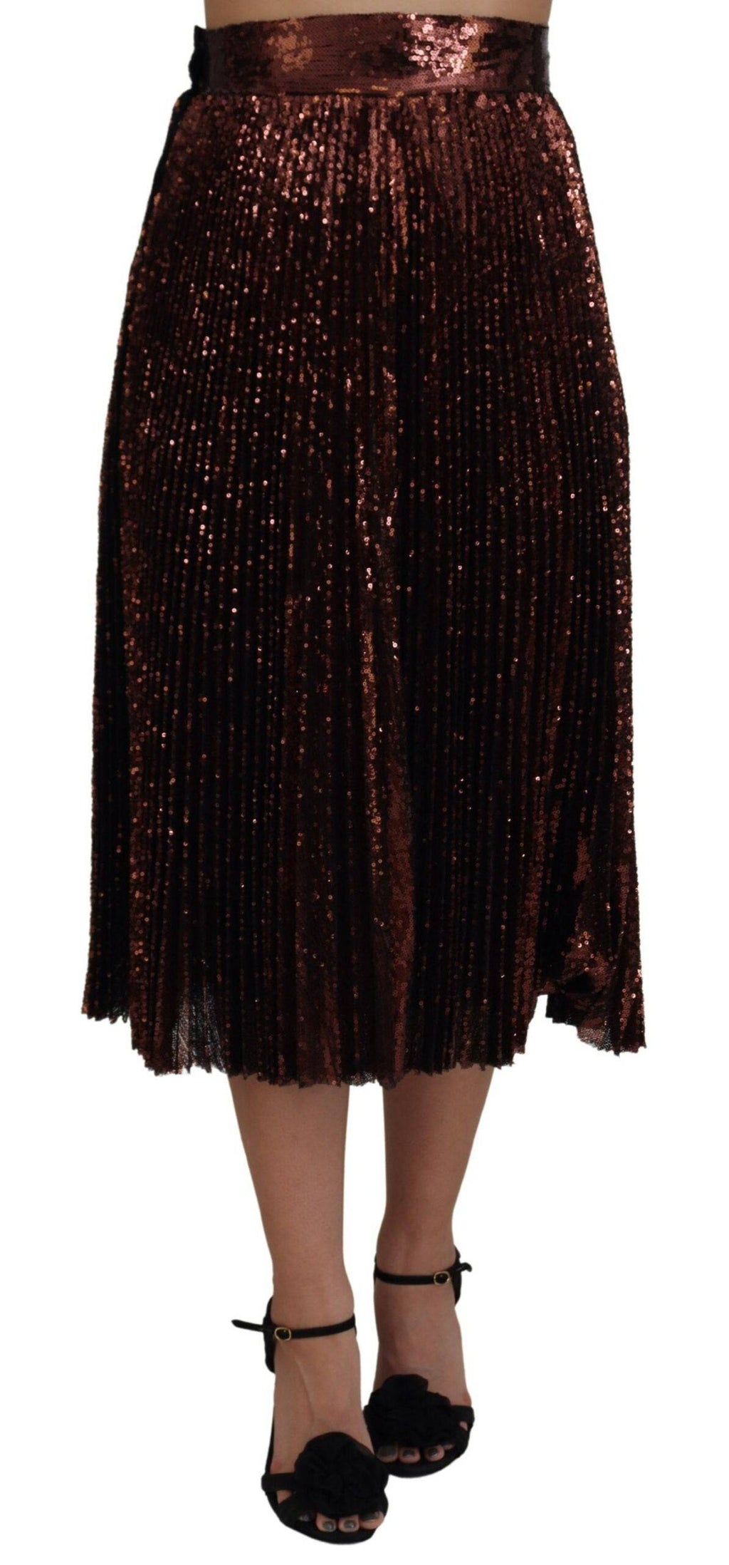 Jupe longue A-line en bronze à sequins à taille haute de Dolce & Gabbana, vêtement élégant et brillant.