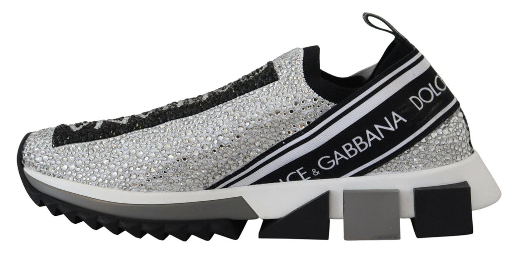 Chaussures sneakers Dolce & Gabbana Sorrento en argent avec strass, vue de côté, détails brillants et élégants.