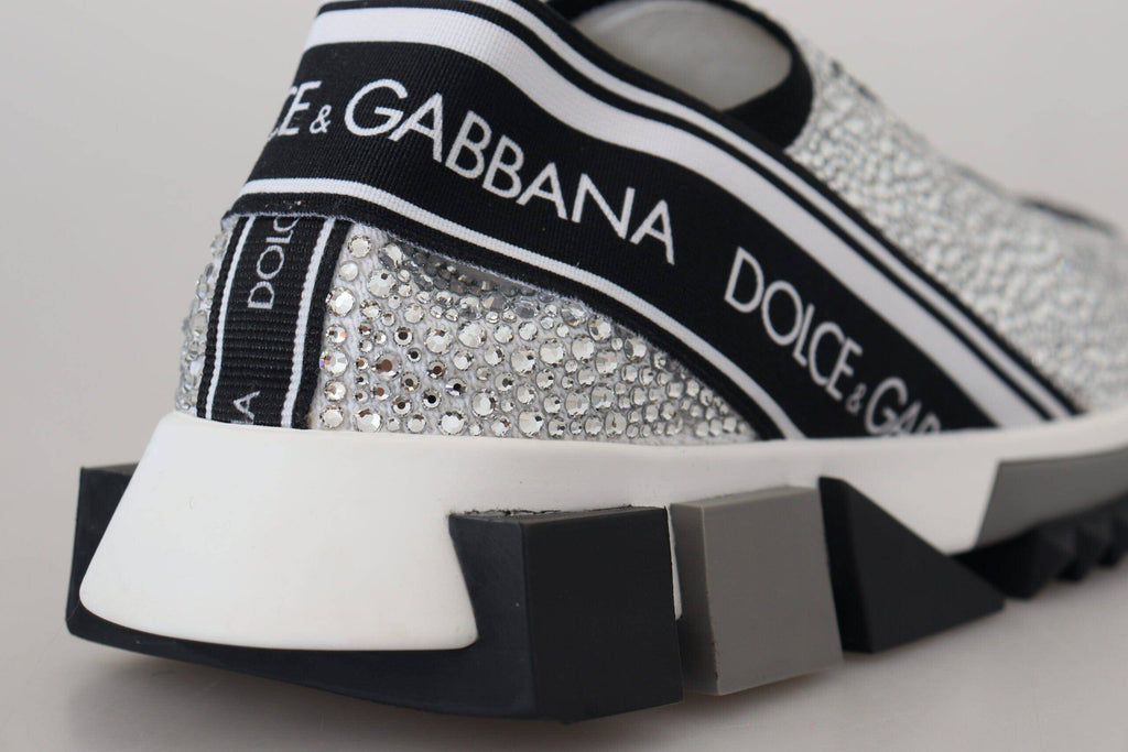Chaussures sneakers Dolce & Gabbana Sorrento en argent avec strass, vue de face, détails brillants et élégants.