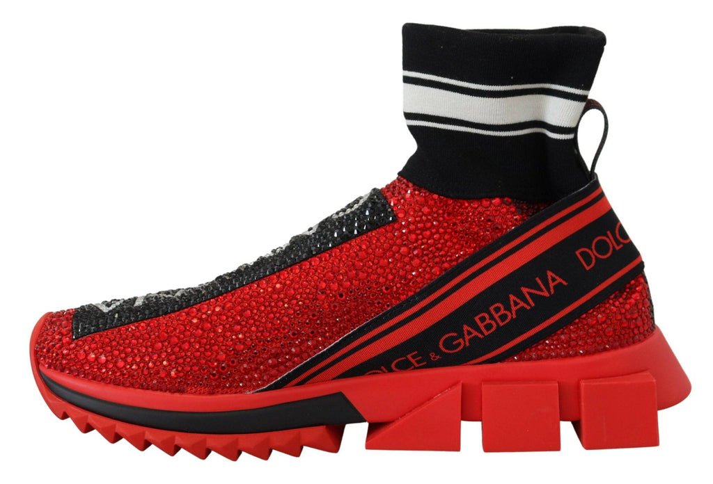 Chaussures sneakers rouges Dolce & Gabbana Bling Sorrento avec détails brillants et chaussettes intégrées, vue de face.