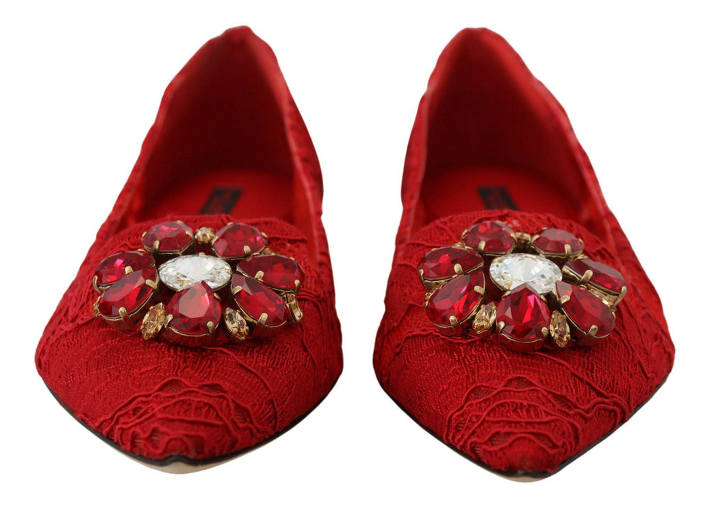 Escarpins Dolce & Gabbana Taormina rouges avec cristaux, chaussures plates élégantes pour femme, vue de face
