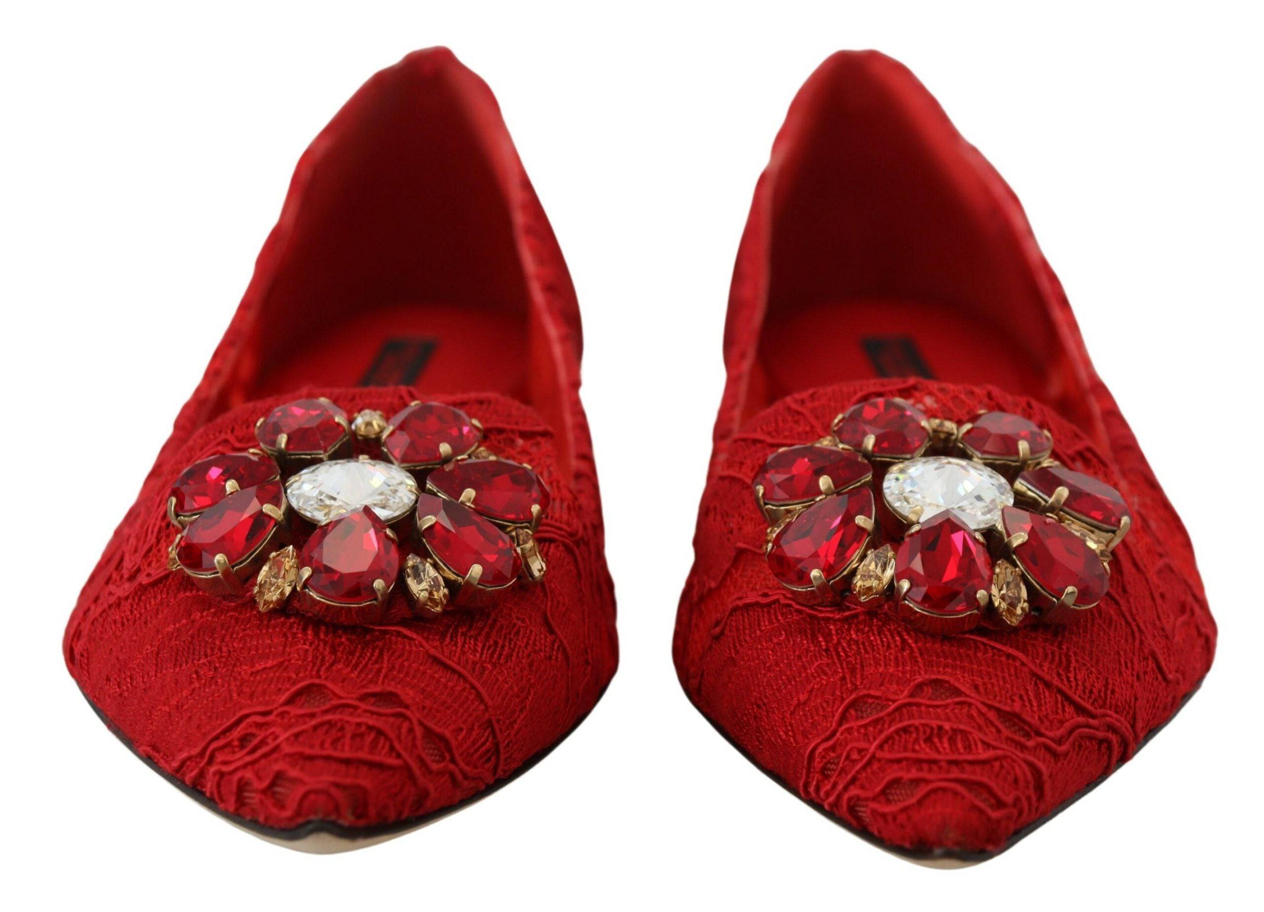 Escarpins Dolce & Gabbana Taormina rouges avec cristaux, chaussures plates élégantes pour femme, vue de face