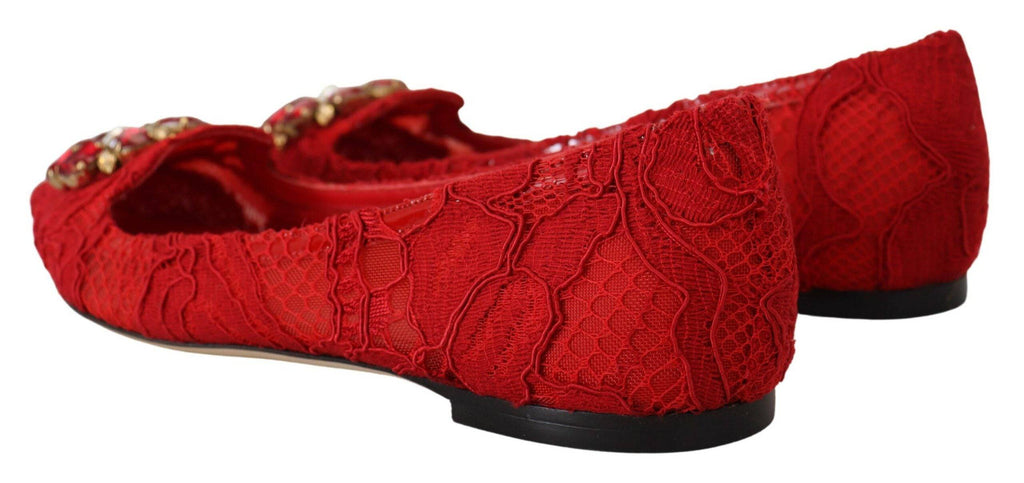 Chaussures plates Dolce & Gabbana Taormina rouges avec cristaux, mocassins élégants pour femmes.