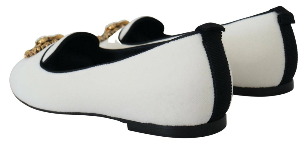 Chaussures Dolce & Gabbana en velours blanc, mocassins plats Slip Ons élégants pour femmes, vue de face.