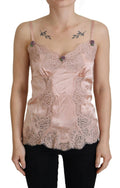 Débardeur en satin rose et dentelle avec roses, lingerie Dolce & Gabbana, détail élégant et féminin.