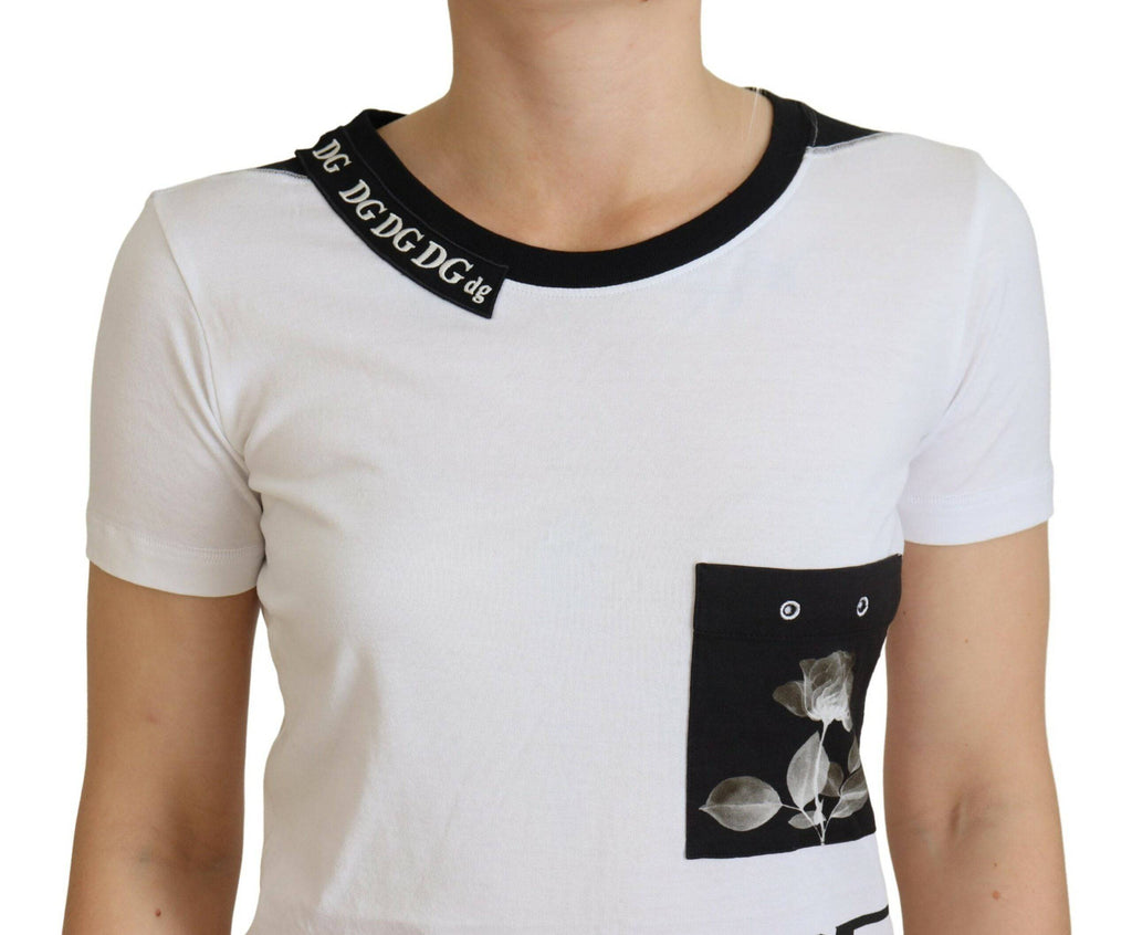 T-shirt blanc en coton Dolce & Gabbana à col rond, vue rapprochée montrant le tissu et la coupe élégante.