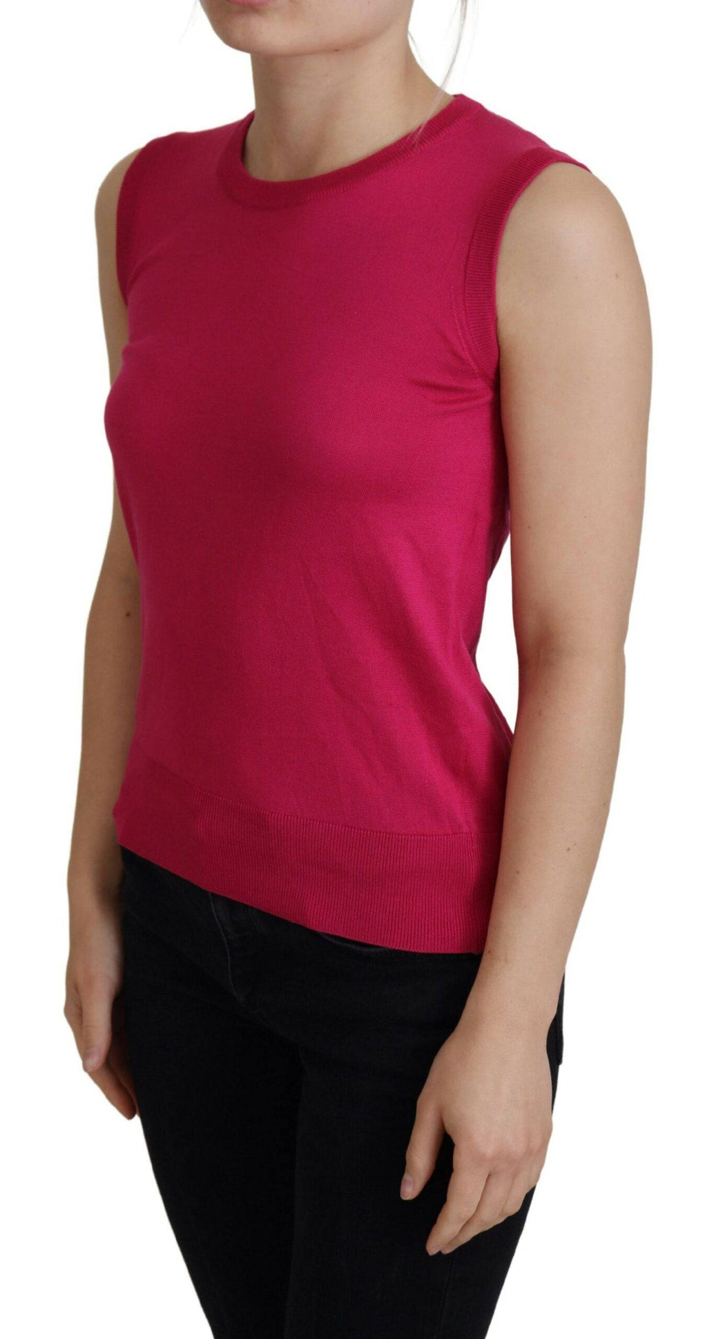 Débardeur en soie rose Dolce & Gabbana avec col ras du cou, style pull-over, vue de face.