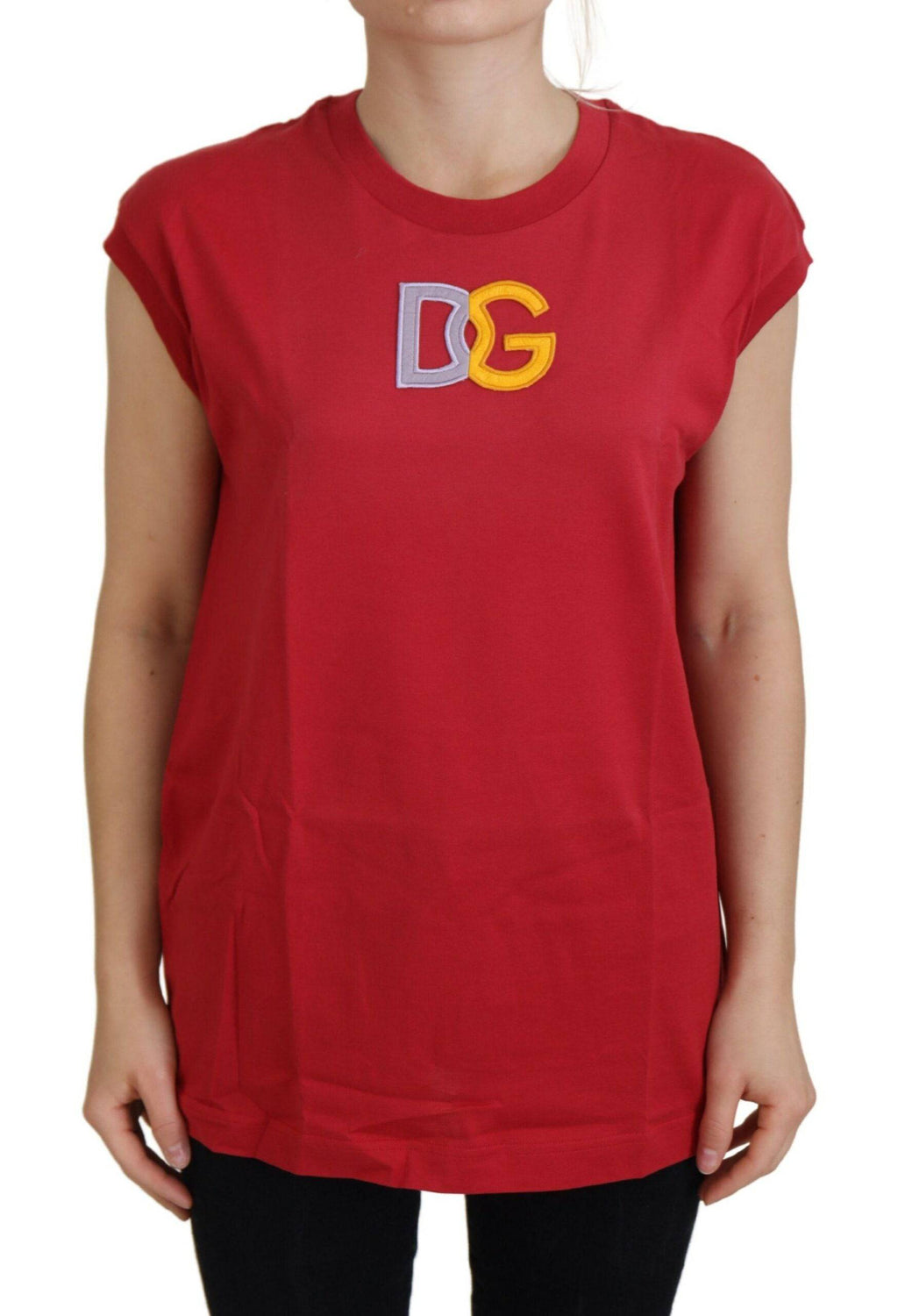T-shirt sans manches en coton rouge Dolce & Gabbana avec logo DG, vue de face.
