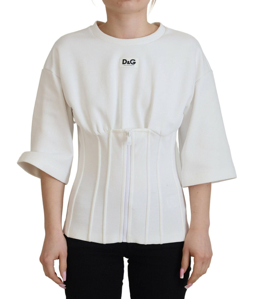 T-shirt blanc Dolce & Gabbana en coton stretch, corset ajusté, avec détails élégants et style sophistiqué visible sur l'image.