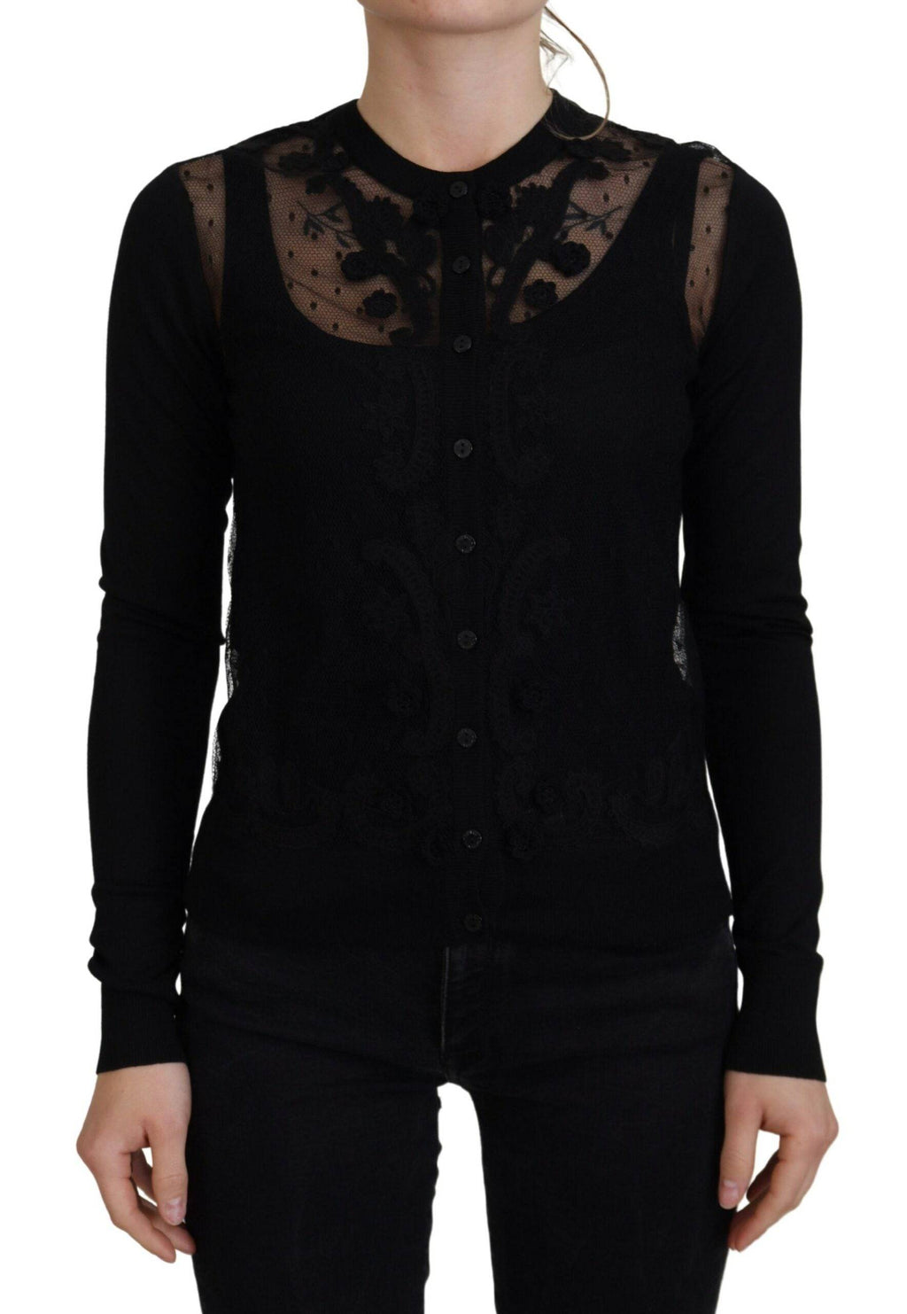 Cardigan Dolce & Gabbana noir avec broderies florales en dentelle, boutons élégants, pull chic en laine.