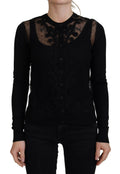 Cardigan Dolce & Gabbana noir avec broderies florales en dentelle, boutons élégants, pull chic en laine.