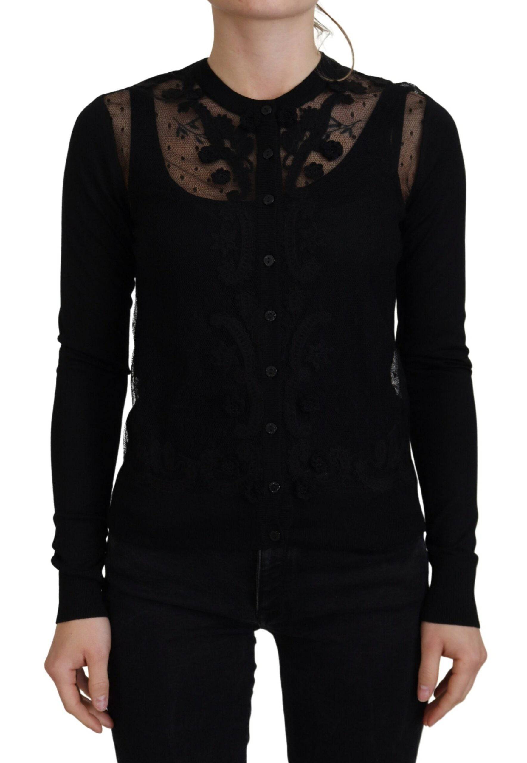 Cardigan Dolce & Gabbana noir avec broderies florales en dentelle, boutons élégants, pull chic en laine.