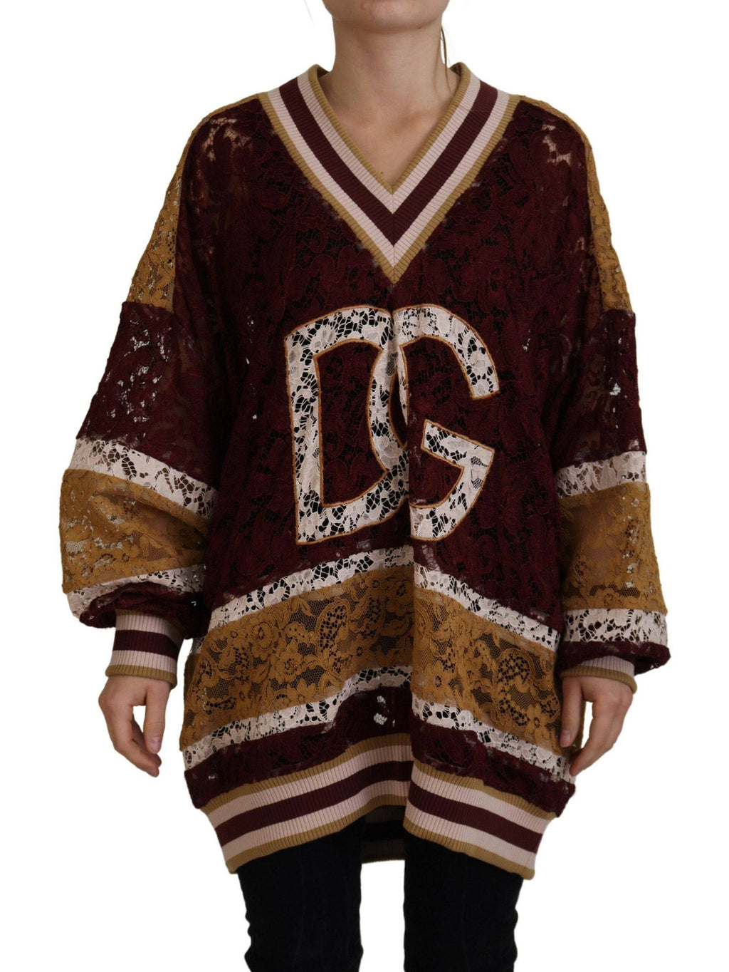 Pull à manches longues Dolce & Gabbana en dentelle multicolore avec col en V, style élégant et sophistiqué.