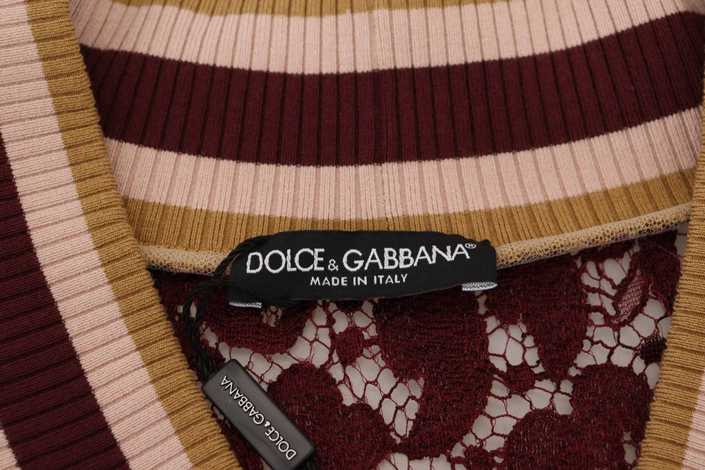 Pull en laine Dolce & Gabbana à manches longues, col en V et dentelle multicolore pour femme.