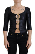 T-shirt noir en coton extensible Dolce & Gabbana avec décolleté ouvert et manches 3/4, style élégant et moderne.