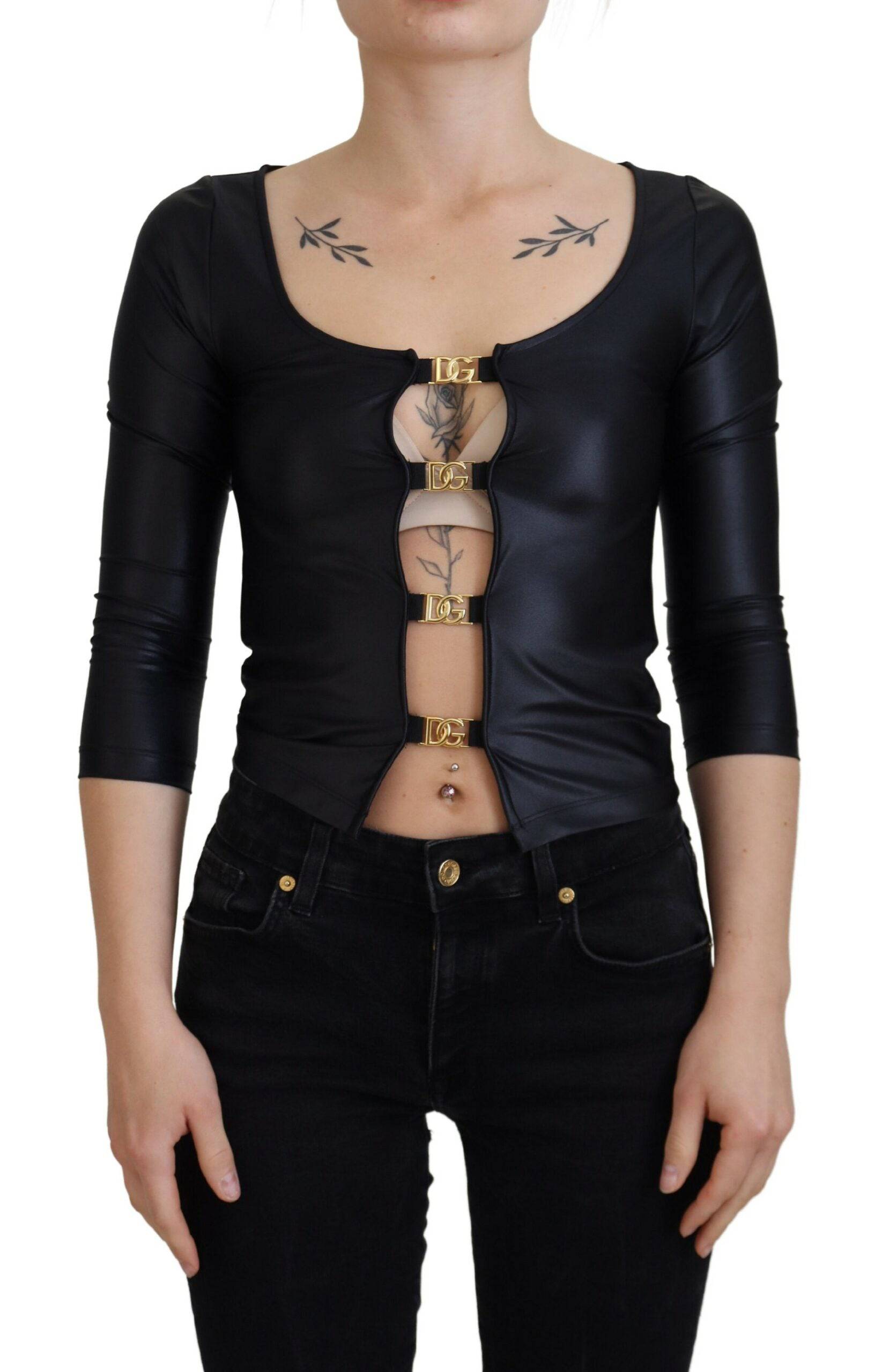 T-shirt noir en coton extensible Dolce & Gabbana avec décolleté ouvert et manches 3/4, style élégant et moderne.
