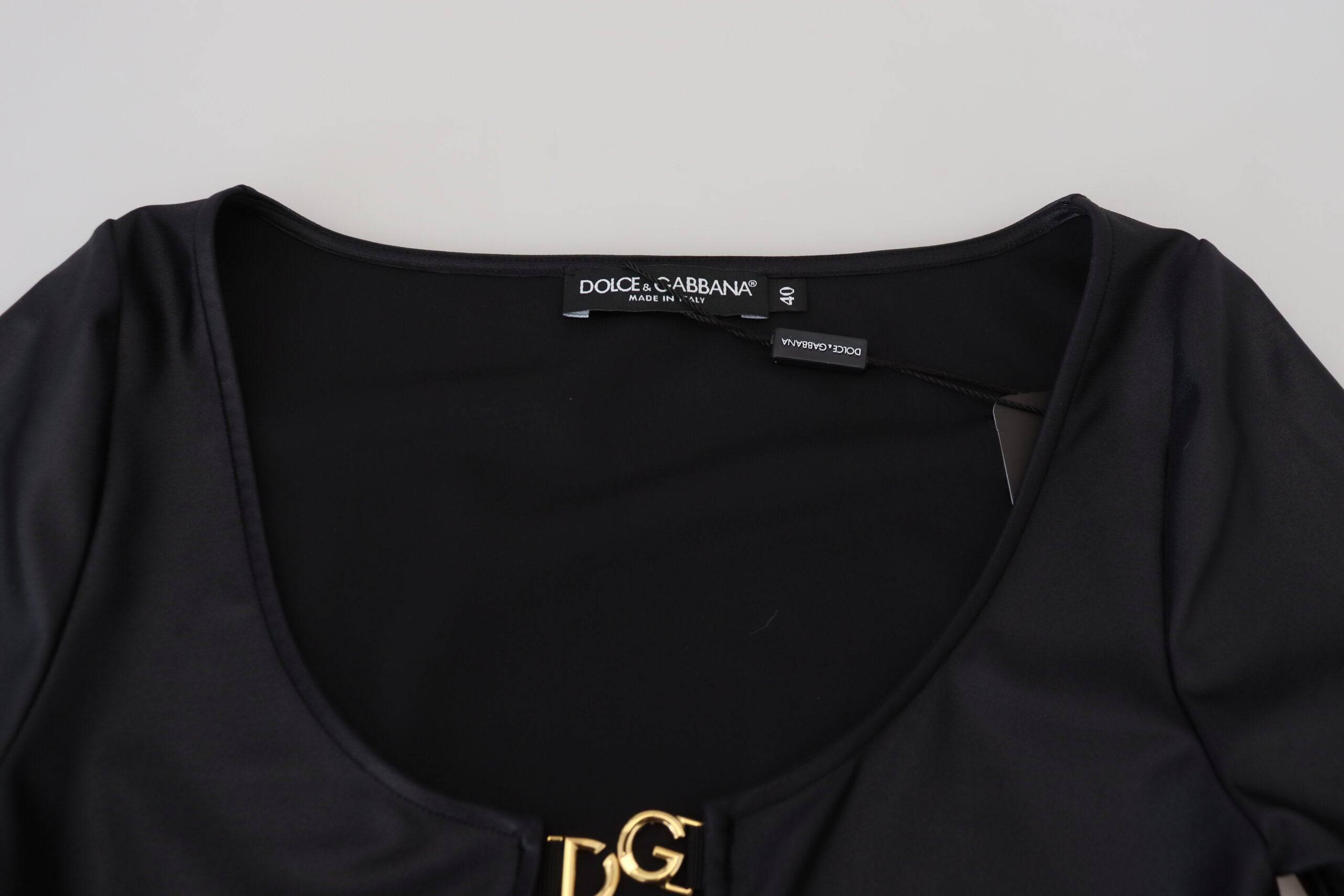 Haut noir en coton extensible Dolce & Gabbana avec décolleté ouvert et manches 3/4, style élégant et moderne.