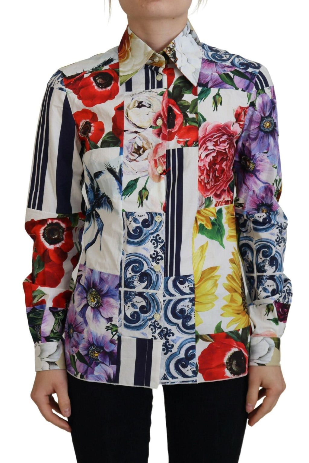 Blouse à col en coton multicolore avec motif floral de Dolce & Gabbana, vêtement féminin élégant et coloré.