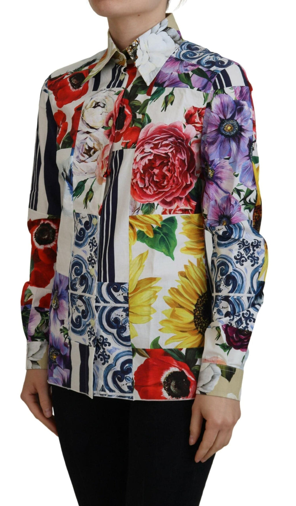 Blouse Dolce & Gabbana en coton à col avec motif floral multicolore, style élégant et coloré.