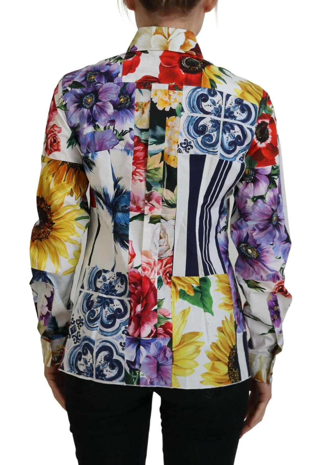 Blouse en coton à col avec motif floral multicolore de Dolce & Gabbana, vêtement élégant pour femmes.