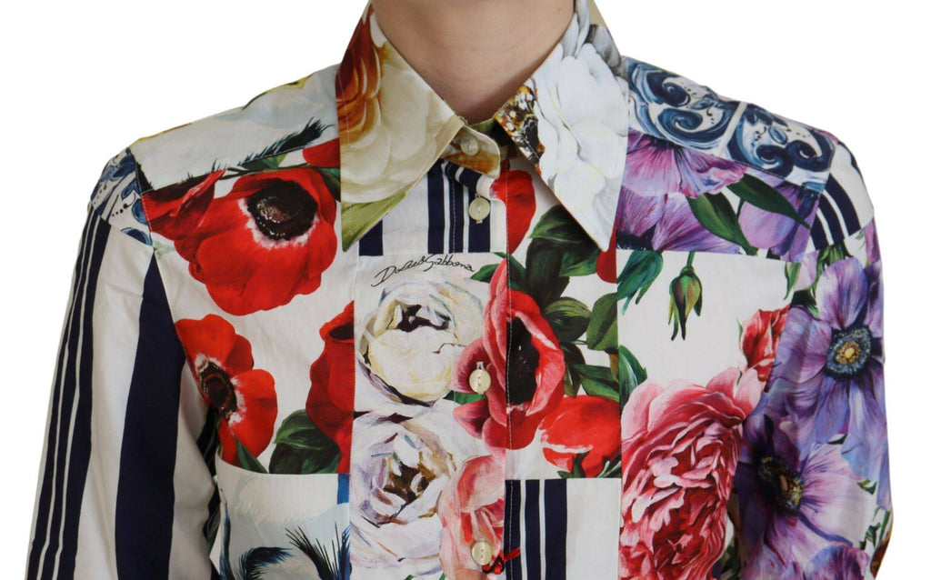 Blouse en coton à col avec motif floral multicolore de Dolce & Gabbana, style élégant et vibrant.