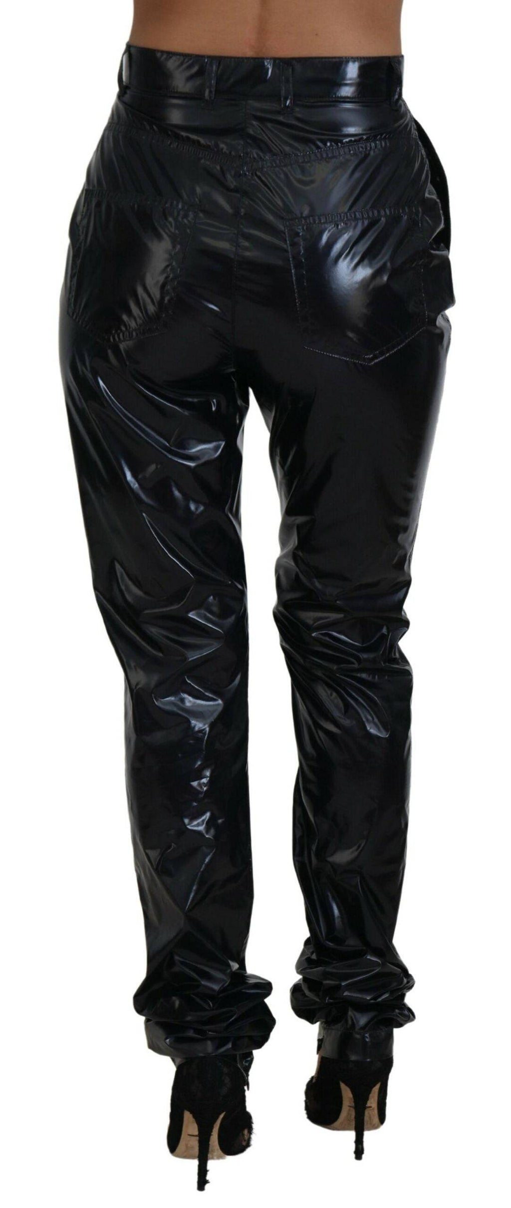 Pantalons skinny en nylon noir à taille haute de Dolce & Gabbana, vue de face.