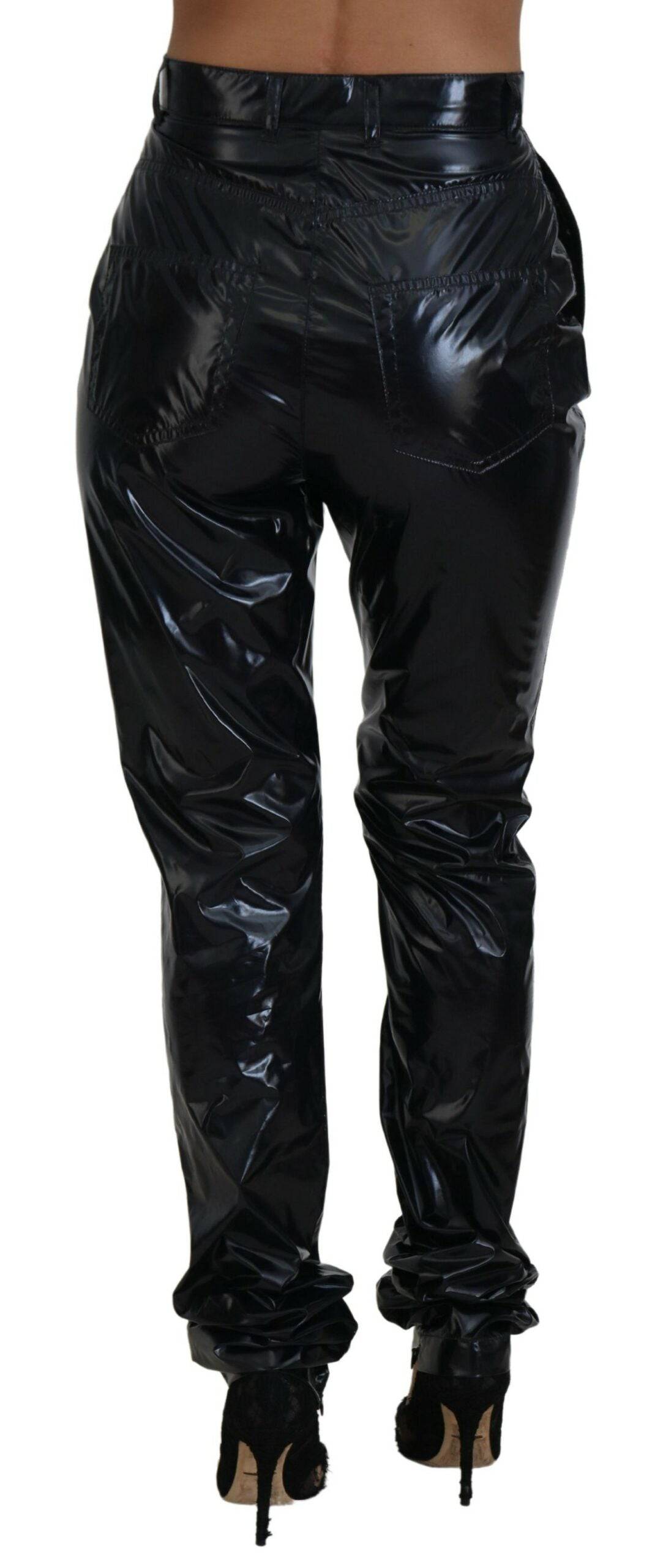 Pantalons skinny en nylon noir à taille haute de Dolce & Gabbana, vue de face.