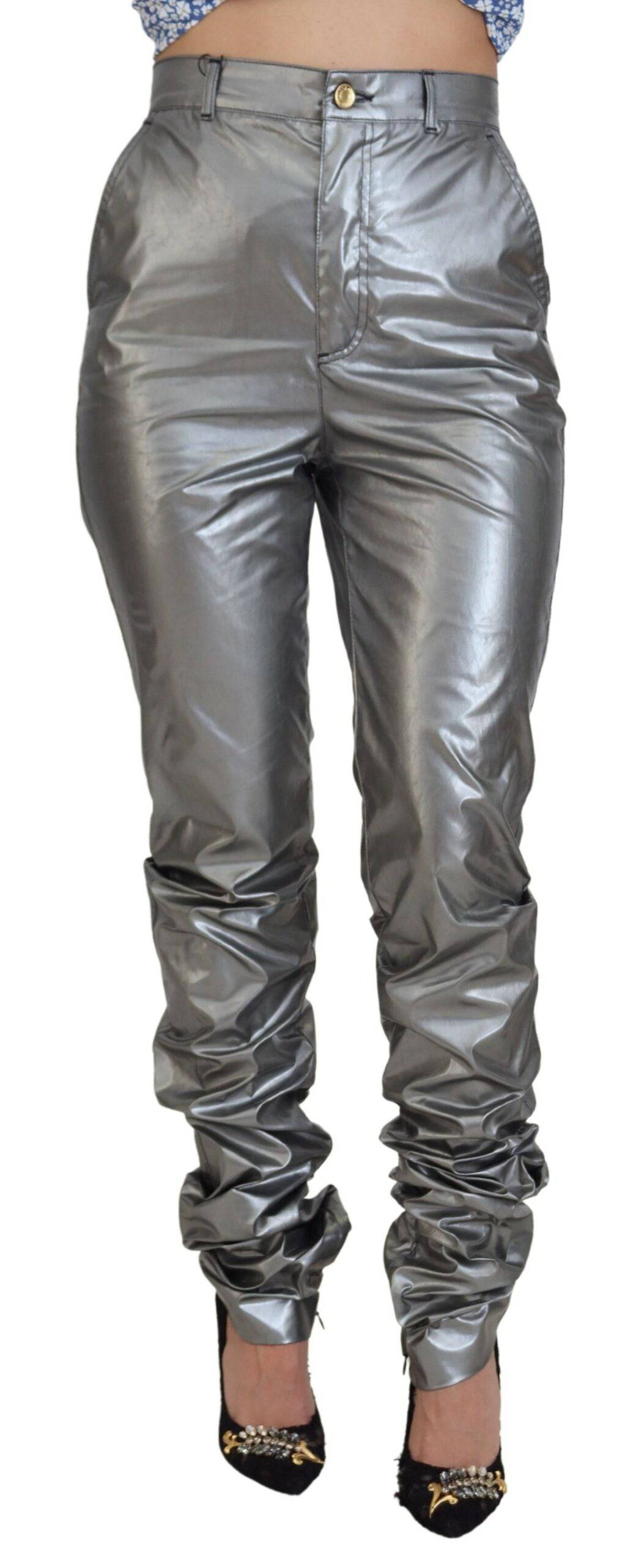Pantalon skinny taille haute en métal argenté de Dolce & Gabbana, coupe ajustée et élégante, visible sur l'image.