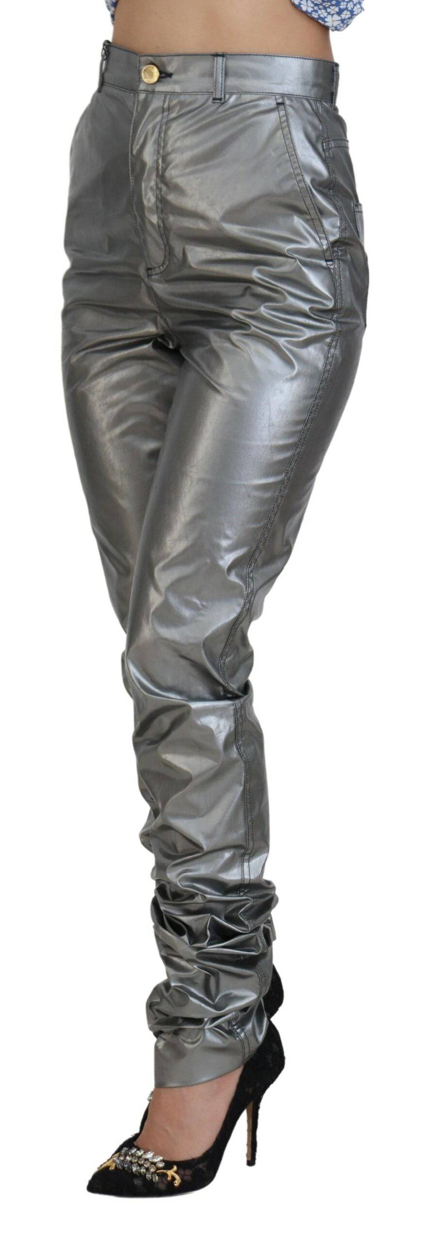 Pantalon skinny taille haute en métal argenté de Dolce & Gabbana, coupe ajustée et élégante, pour un look moderne et sophistiqué.