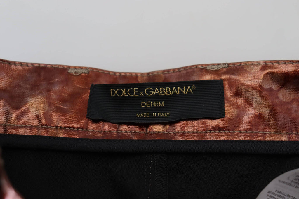 Jeans skinny taille haute en bronze métallique Dolce & Gabbana, style élégant et moderne, visibles en détail.