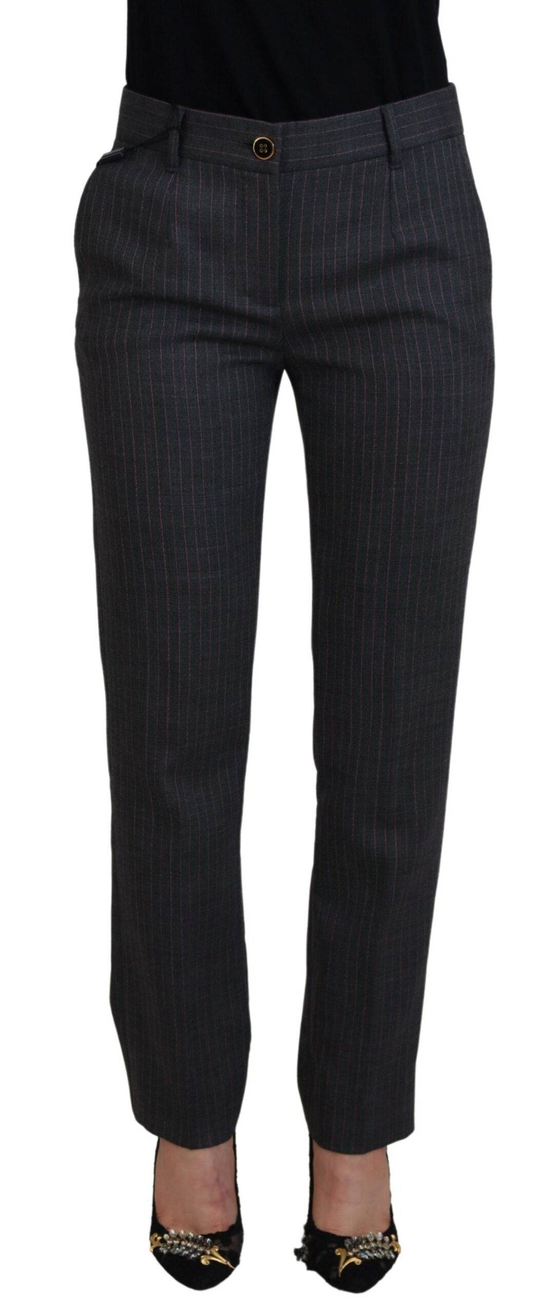 Pantalons pour femmes en laine à rayures gris de Dolce & Gabbana, coupe tapered, élégants et modernes.