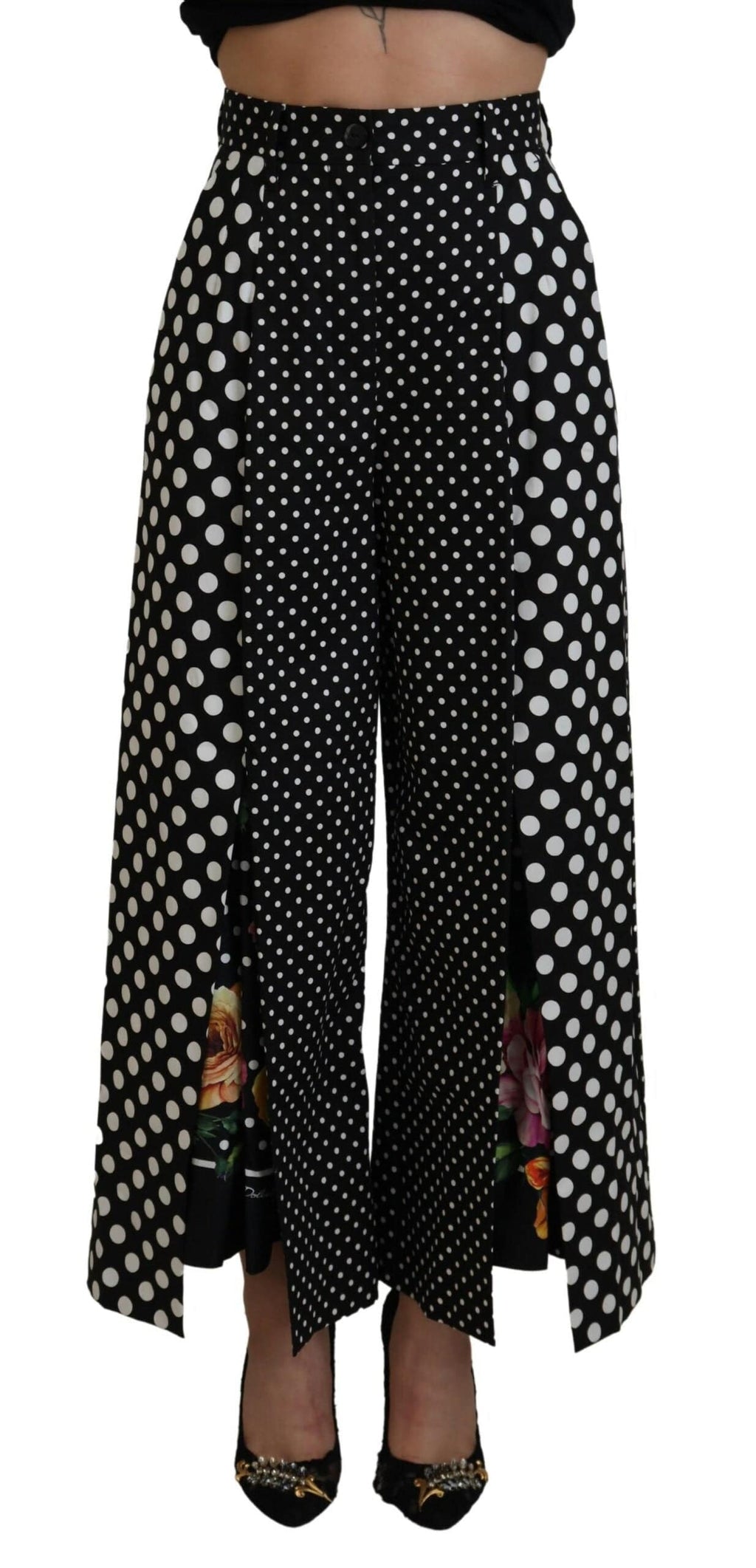 Pantalon à taille haute Dolce & Gabbana à pois multicolores, style élégant avec motif à pois colorés.