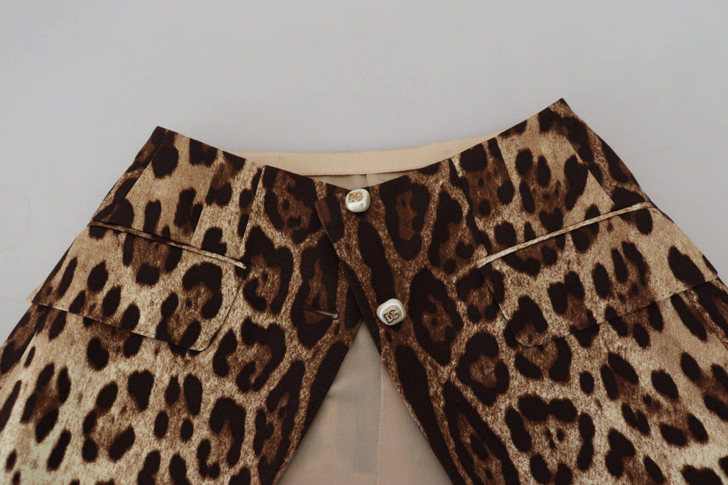 Jupe courte en laine à motif léopard marron de Dolce & Gabbana, coupe évasée A-line, style élégant et tendance.