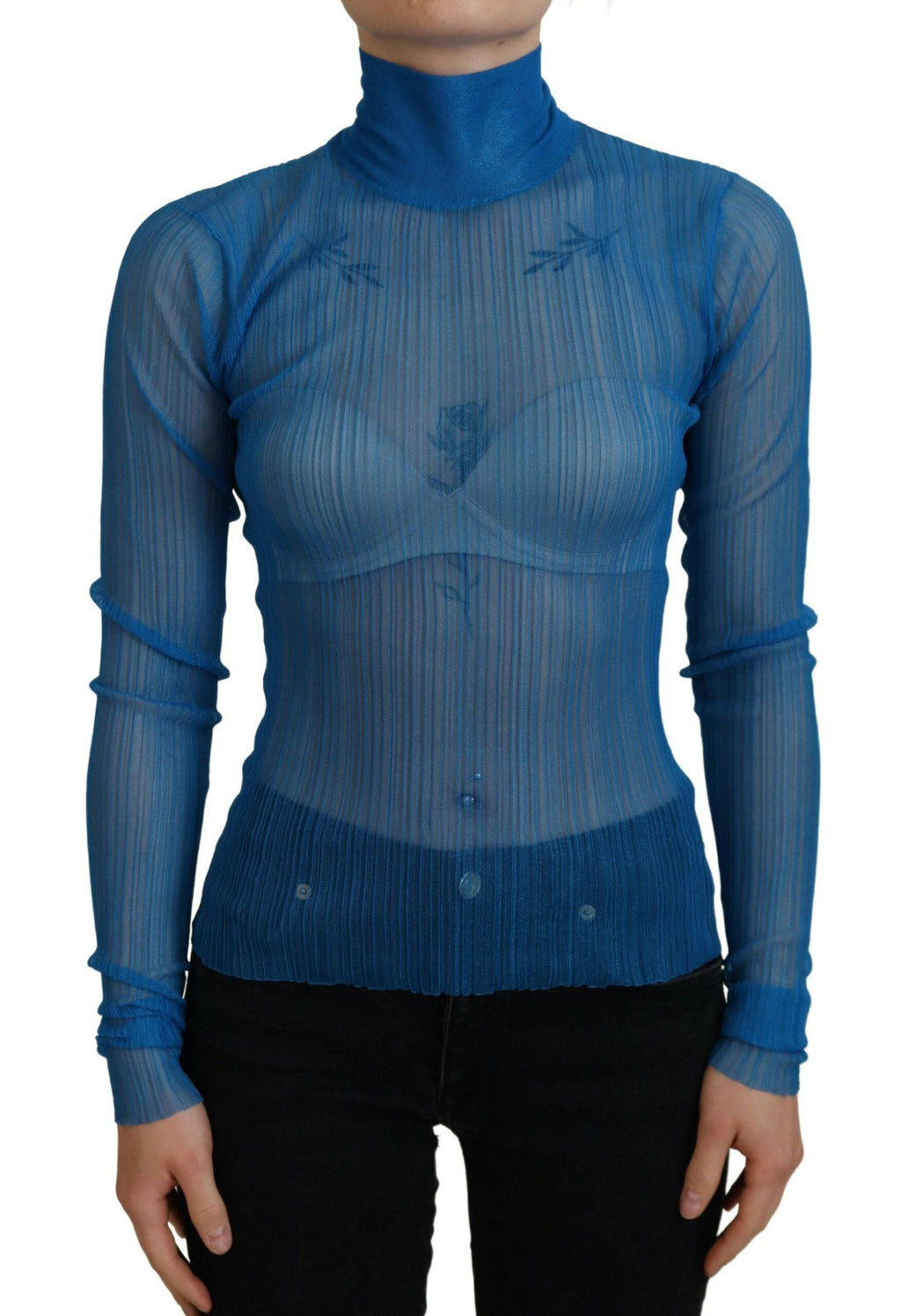 Blouse Dolce & Gabbana bleu en mesh à col roulé à manches longues, vue de face.